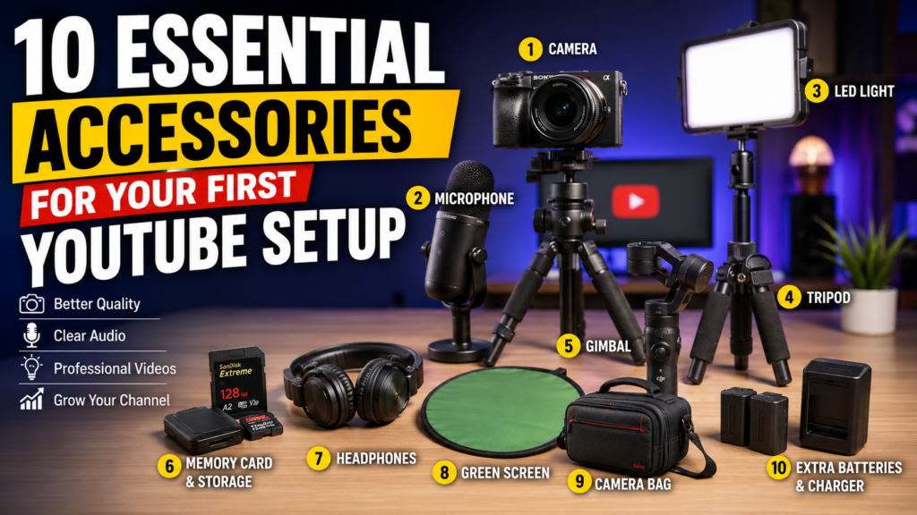 Beginner YouTube setup accessories Best YouTube gear for beginners YouTube creator starter kit 2026 Professional vlogging setup Best microphone for YouTubers LED lights for YouTube videos Mirrorless camera for YouTube content creation