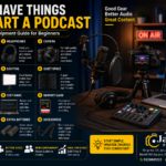 Essential podcast equipment including microphone, camera, tripod, LED light, headphones, and accessories for beginners.